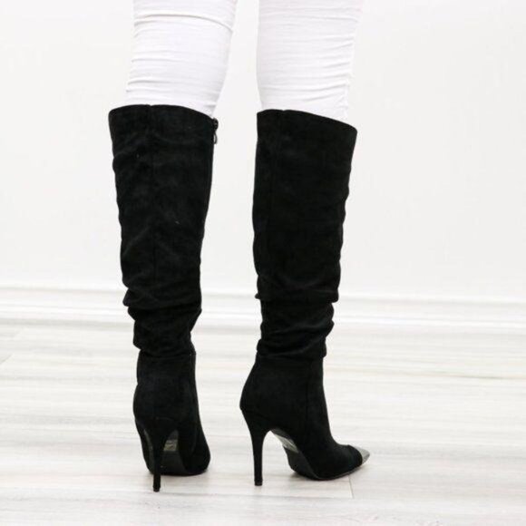 Pointy Toe Below The Knee Black Boots Faux Suede - Picture 11 of 16